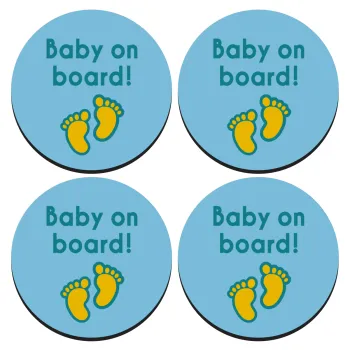 Baby on Board πατουσα Αγόρι, ΣΕΤ 4 Σουβέρ ξύλινα στρογγυλά (9cm)