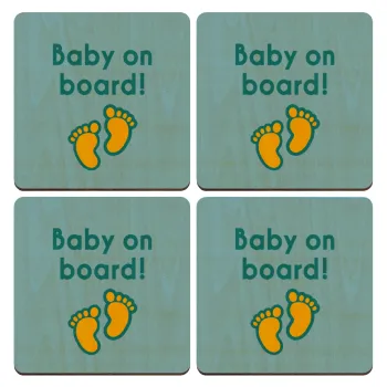 Baby on Board πατουσα Αγόρι, ΣΕΤ x4 Σουβέρ ξύλινα τετράγωνα plywood (9cm)