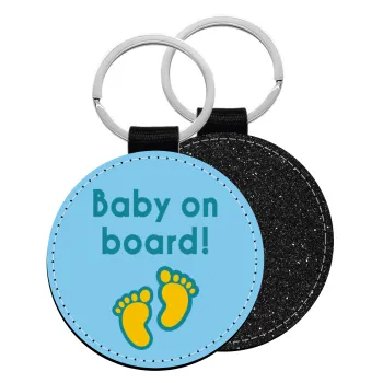 Baby on Board πατουσα Αγόρι, Μπρελόκ Δερματίνη, στρογγυλό ΜΑΥΡΟ (5cm)