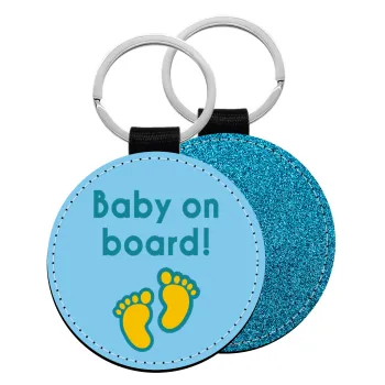 Baby on Board πατουσα Αγόρι, Μπρελόκ Δερματίνη, στρογγυλό ΜΠΛΕ (5cm)