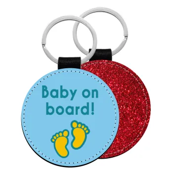 Baby on Board πατουσα Αγόρι, Μπρελόκ Δερματίνη, στρογγυλό ΚΟΚΚΙΝΟ (5cm)