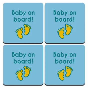 Baby on Board πατουσα Αγόρι, ΣΕΤ 4 Σουβέρ ξύλινα τετράγωνα (9cm)