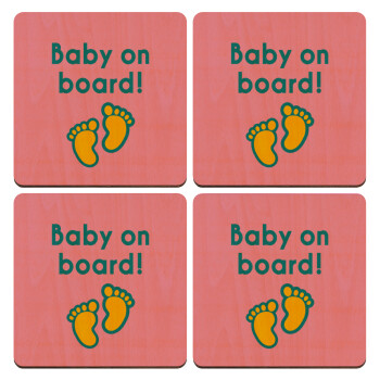 Baby on Board πατουσα Κορίτσι, ΣΕΤ x4 Σουβέρ ξύλινα τετράγωνα plywood (9cm)