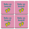 Baby on Board πατουσα Κορίτσι, ΣΕΤ 4 Σουβέρ ξύλινα τετράγωνα (9cm)