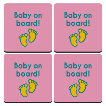 Baby on Board πατουσα Κορίτσι, ΣΕΤ 4 Σουβέρ ξύλινα τετράγωνα (9cm)