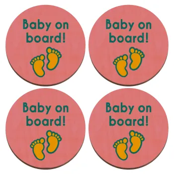 Baby on Board πατουσα Κορίτσι, ΣΕΤ x4 Σουβέρ ξύλινα στρογγυλά plywood (9cm)