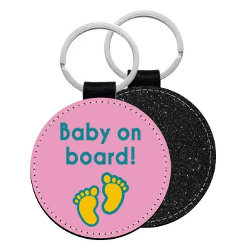 Baby on Board πατουσα Κορίτσι, Μπρελόκ Δερματίνη, στρογγυλό ΜΑΥΡΟ (5cm)