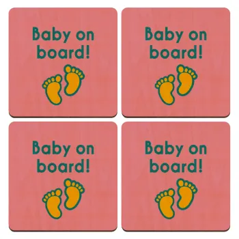 Baby on Board πατουσα Κορίτσι, ΣΕΤ x4 Σουβέρ ξύλινα τετράγωνα plywood (9cm)