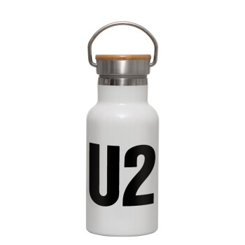 U2 , Μεταλλικό παγούρι θερμός (Stainless steel) Λευκό με ξύλινο καπακι (bamboo), διπλού τοιχώματος, 350ml