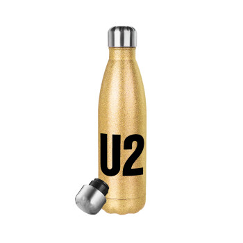 U2 , Μεταλλικό παγούρι θερμός Glitter χρυσό (Stainless steel), διπλού τοιχώματος, 500ml