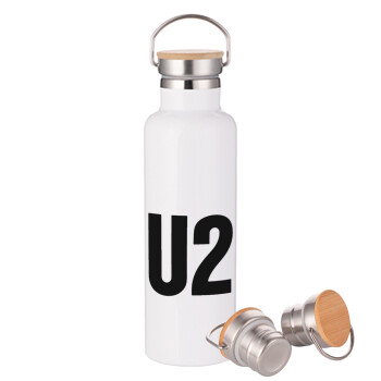 U2 , Μεταλλικό παγούρι θερμός (Stainless steel) Λευκό με ξύλινο καπακι (bamboo), διπλού τοιχώματος, 750ml