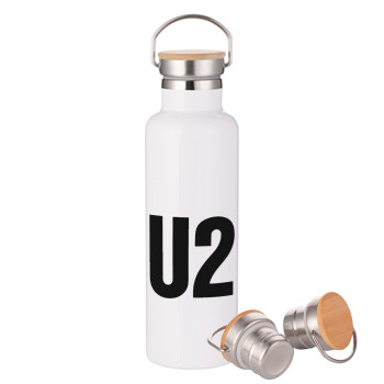 U2 , Μεταλλικό παγούρι θερμός (Stainless steel) Λευκό με ξύλινο καπάκι (bamboo), διπλού τοιχώματος, 750ml