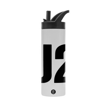 U2 , Metallic thermos bottle with straw & handle, stainless steel (Stainless steel 304), double-walled, 600ml.