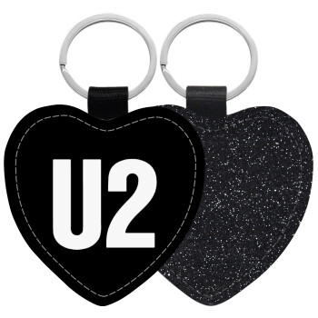 U2 , Μπρελόκ PU δερμάτινο glitter καρδιά ΜΑΥΡΟ