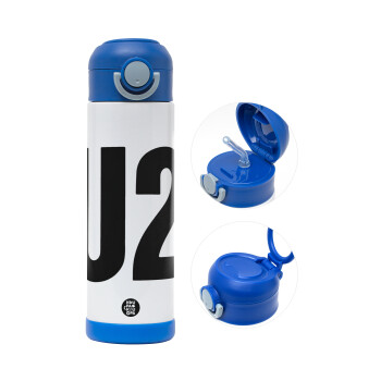 U2 , Children's hot water bottle, stainless steel, with safety straw, BLUE (500ml)