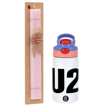 U2 , Easter Set, Children's thermal stainless steel water bottle with safety straw, pink/purple (350ml) & Easter scented flat candle (30cm) (PINK)