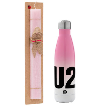 U2 , Easter Set, Metallic pink/white (Stainless steel) thermos, double-walled, 500ml & aromatic flat Easter candle (30cm) (PINK)