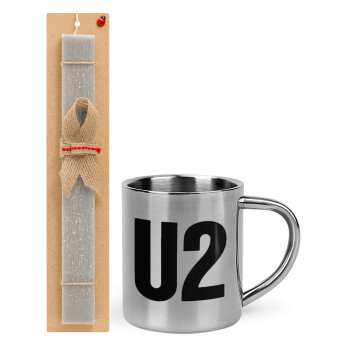 U2 , Πασχαλινό Σετ, μεταλλική κούπα θερμό (300ml) & πασχαλινή λαμπάδα αρωματική πλακέ (30cm) (ΓΚΡΙ)