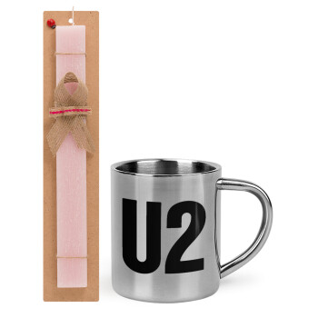 U2 , Πασχαλινό Σετ, μεταλλική κούπα θερμό (300ml) & πασχαλινή λαμπάδα αρωματική πλακέ (30cm) (ΡΟΖ)