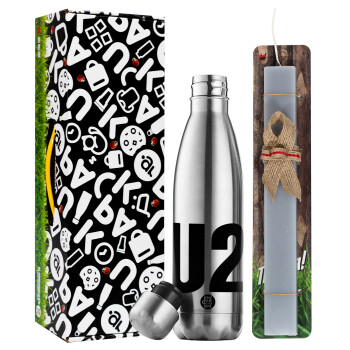 U2 , Easter Set, metallic stainless thermos flask (500ml) & scented flat Easter candle (30cm) (GRAY)