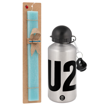 U2 , Easter Set, metallic silver aluminum water bottle (500ml) & scented flat Easter candle (30cm) (TURQUOISE)