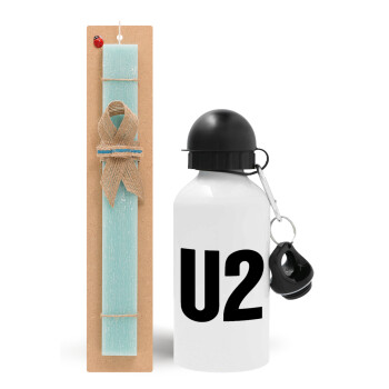 U2 , Easter Set, metallic aluminum water bottle (500ml) & scented flat candle (30cm) (TURQUOISE)
