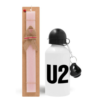 U2 , Πασχαλινό Σετ, παγούρι μεταλλικό αλουμινίου (500ml) & πασχαλινή λαμπάδα αρωματική πλακέ (30cm) (ΡΟΖ)