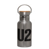 Stainless steel metallic thermos flask, silver with a bamboo lid, double-walled, 350ml.