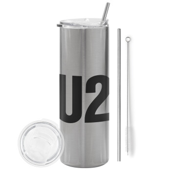 U2 , Eco friendly ποτήρι θερμό Ασημένιο (tumbler) από ανοξείδωτο ατσάλι 600ml, με μεταλλικό καλαμάκι & βούρτσα καθαρισμού