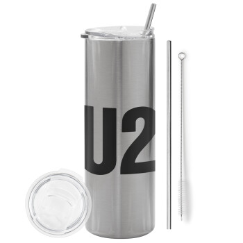 U2 , Tumbler stainless steel Silver 600ml, with metal straw & cleaning brush