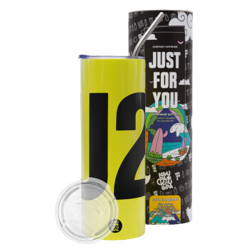 U2 , Neon Yellow Travel Tumbler θερμό, μεταλλικό καλαμάκι(Ανωξείδωτο 304 Food grade, BPA free, 600ml)