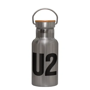 U2 , Μεταλλικό παγούρι θερμός (Stainless steel) Ασημένιο με ξύλινο καπακι (bamboo), διπλού τοιχώματος, 350ml