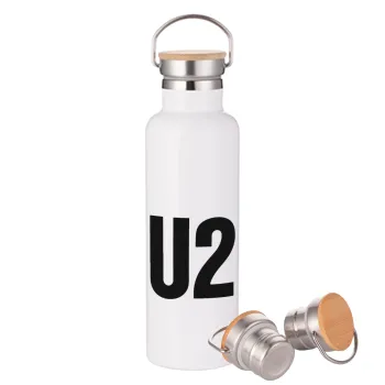 U2 , Μεταλλικό παγούρι θερμός (Stainless steel) Λευκό με ξύλινο καπάκι (bamboo), διπλού τοιχώματος, 750ml