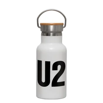 U2 , Μεταλλικό παγούρι θερμός (Stainless steel) Λευκό με ξύλινο καπακι (bamboo), διπλού τοιχώματος, 350ml