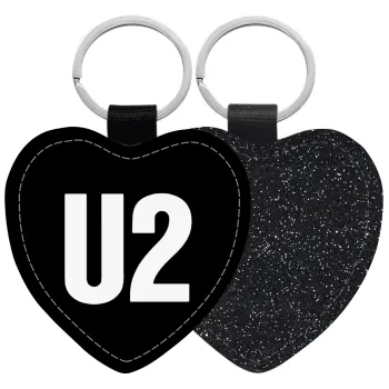 U2 , Μπρελόκ PU δερμάτινο glitter καρδιά ΜΑΥΡΟ