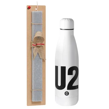 U2 , Easter Set, metallic stainless thermos bottle (500ml) & scented flat Easter candle (30cm) (GRAY)