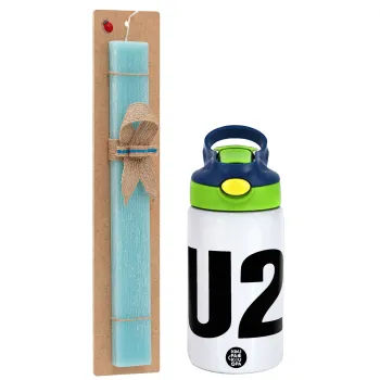 U2 , Easter Set, Children's thermal stainless steel bottle with safety straw, green/blue (350ml) & aromatic flat Easter candle (30cm) (TURQUOISE)