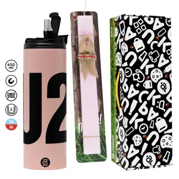 U2 , Easter candle,Travel Tumbler 2 Lids, with metal straw & cleaning brush & aromatic flat candle (30cm) (PINK)