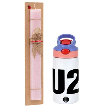 U2 , Easter Set, Children's thermal stainless steel water bottle with safety straw, pink/purple (350ml) & Easter scented flat candle (30cm) (PINK)