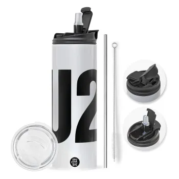 U2 , Travel Tumbler 2 Lids, with metal straw & cleaning brush (Stainless steel 304 Food grade, BPA free, 600ml)