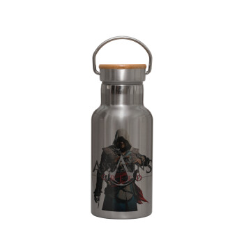 Assassin's Creed, Μεταλλικό παγούρι θερμός (Stainless steel) Ασημένιο με ξύλινο καπακι (bamboo), διπλού τοιχώματος, 350ml
