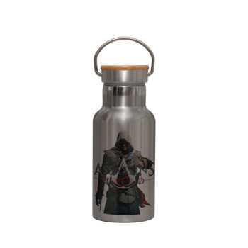 Assassin's Creed, Stainless steel metallic thermos flask, silver with a bamboo lid, double-walled, 350ml.