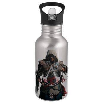 Assassin's Creed, Water bottle Silver with straw, stainless steel 500ml