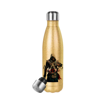 Assassin's Creed, Μεταλλικό παγούρι θερμός Glitter χρυσό (Stainless steel), διπλού τοιχώματος, 500ml