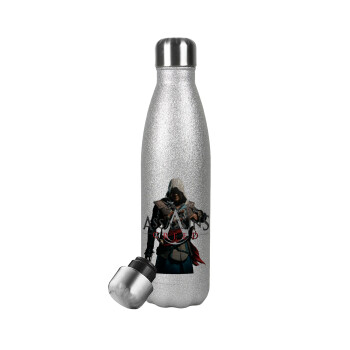 Assassin's Creed, Μεταλλικό παγούρι θερμός Glitter Aσημένιο (Stainless steel), διπλού τοιχώματος, 500ml