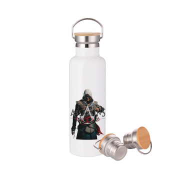 Assassin's Creed, Stainless steel White with wooden lid (bamboo), double wall, 750ml