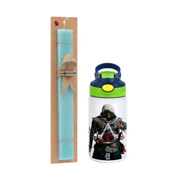 Assassin's Creed, Πασχαλινό Σετ, Παιδικό παγούρι θερμό, ανοξείδωτο, με καλαμάκι ασφαλείας, πράσινο/μπλε (350ml) & πασχαλινή λαμπάδα αρωματική πλακέ (30cm) (ΤΙΡΚΟΥΑΖ)