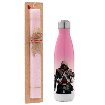 Assassin's Creed, Easter Set, Metallic pink/white (Stainless steel) thermos, double-walled, 500ml & aromatic flat Easter candle (30cm) (PINK)