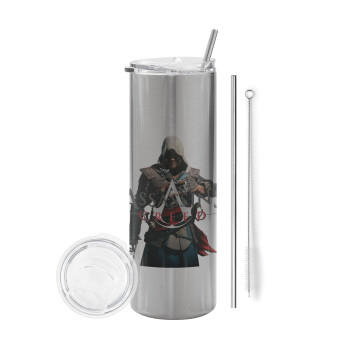Assassin's Creed, Eco friendly ποτήρι θερμό Ασημένιο (tumbler) από ανοξείδωτο ατσάλι 600ml, με μεταλλικό καλαμάκι & βούρτσα καθαρισμού