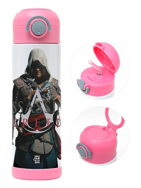 Assassin's Creed — Children's hot water bottle, stainless steel, with safety straw, PINK (500ml)